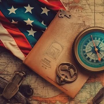 A compass on laid on top of a map next to the American flag.